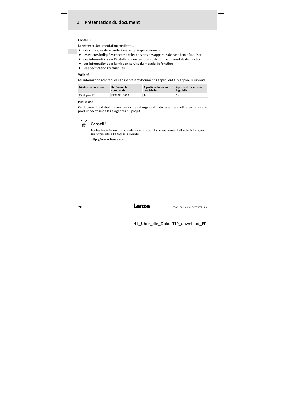 1 présentation du document, Présentation du document, 1présentation du document | Lenze E82ZAFUC010 User Manual | Page 78 / 114