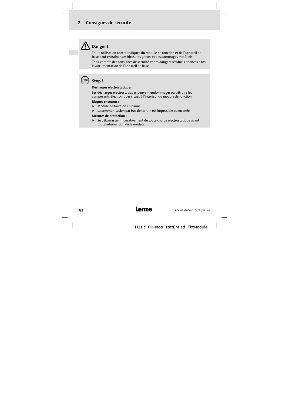 2 consignes de sécurité, Consignes de sécurité | Lenze E82ZAFUC010 User Manual | Page 82 / 114