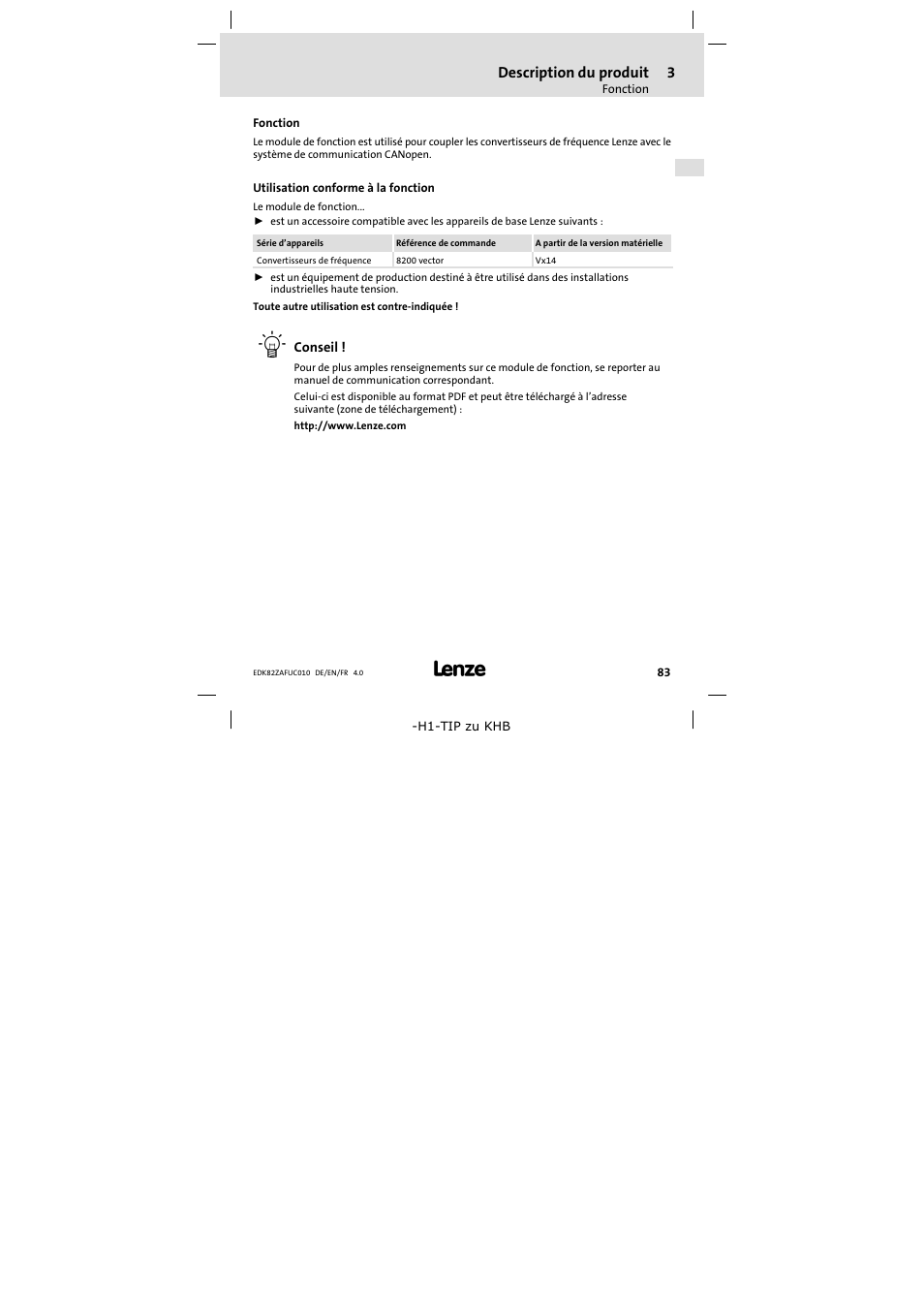 3 description du produit, Fonction, Utilisation conforme à la fonction | Description du produit, Fonction 83 | Lenze E82ZAFUC010 User Manual | Page 83 / 114