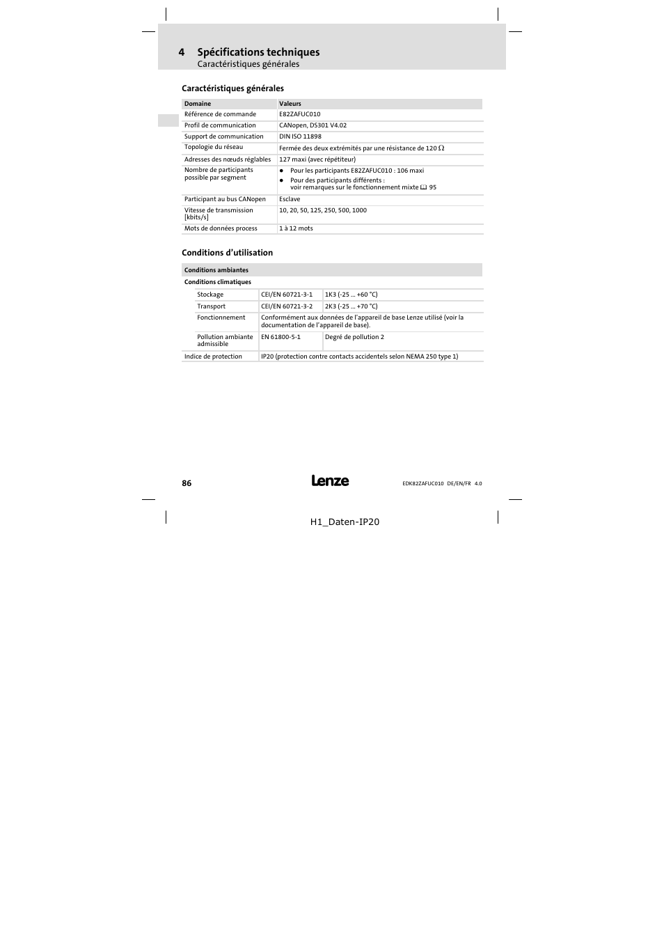 4 spécifications techniques, Caractéristiques générales, Conditions d'utilisation | Spécifications techniques, Conditions d’utilisation, 4spécifications techniques | Lenze E82ZAFUC010 User Manual | Page 86 / 114
