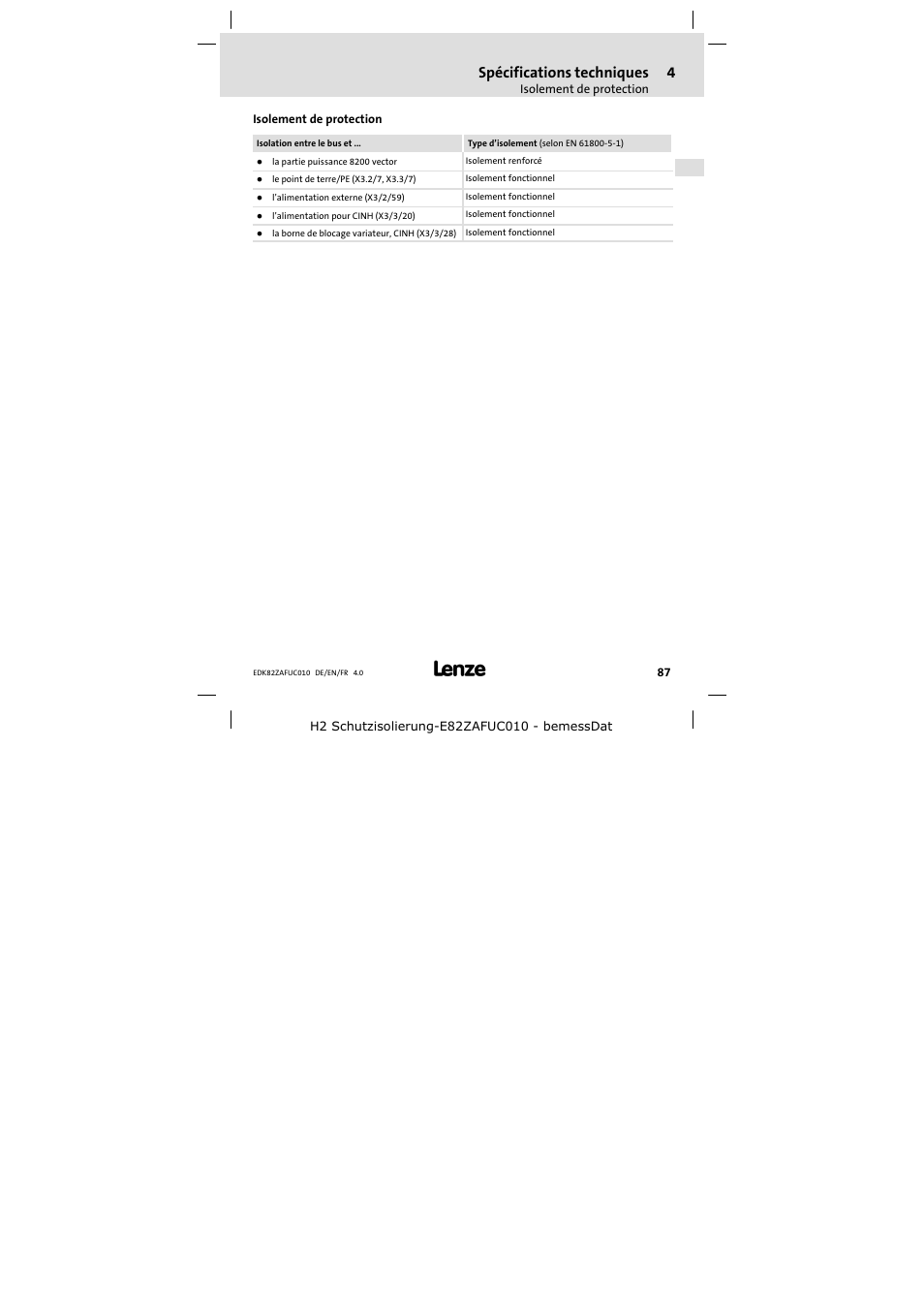 Isolement de protection, Spécifications techniques | Lenze E82ZAFUC010 User Manual | Page 87 / 114