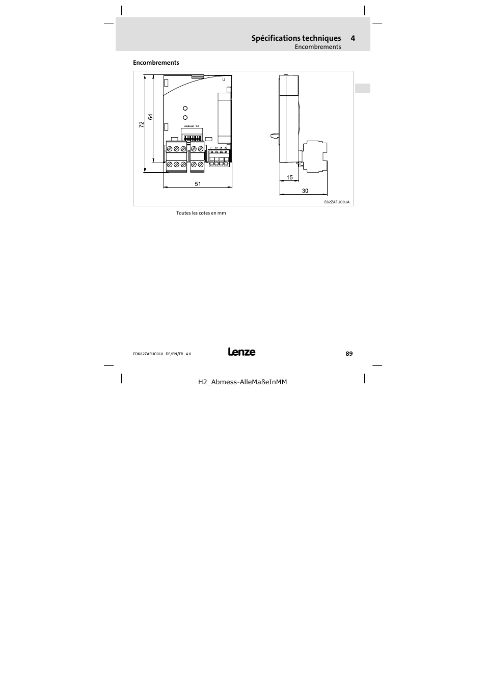 Encombrements | Lenze E82ZAFUC010 User Manual | Page 89 / 114
