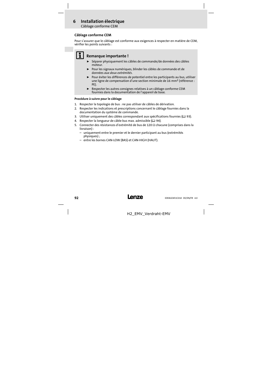 Câblage conforme cem | Lenze E82ZAFUC010 User Manual | Page 92 / 114