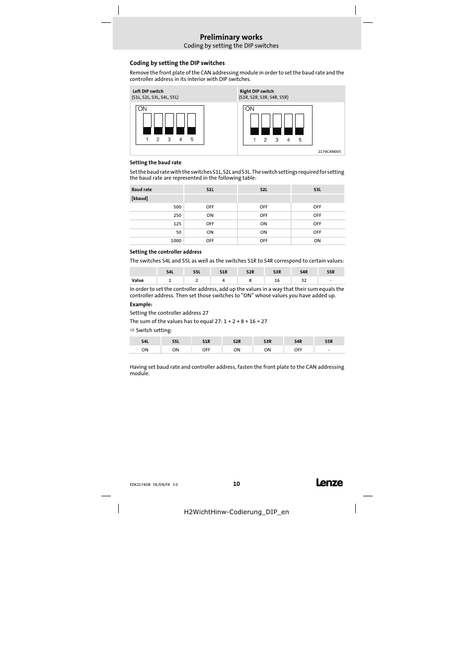 Coding by setting the dip switches, Preliminary works | Lenze EMF2174IB User Manual | Page 10 / 17