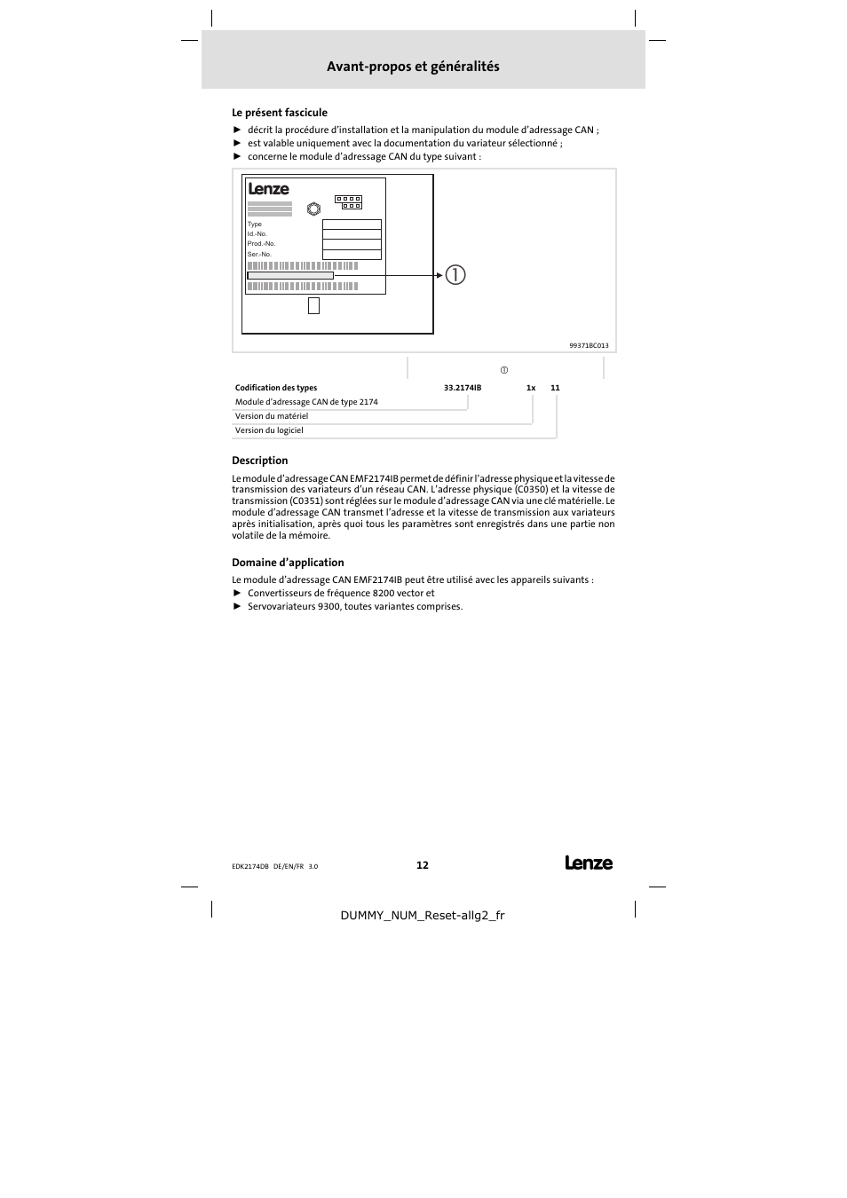 Avant-propos et généralités | Lenze EMF2174IB User Manual | Page 12 / 17