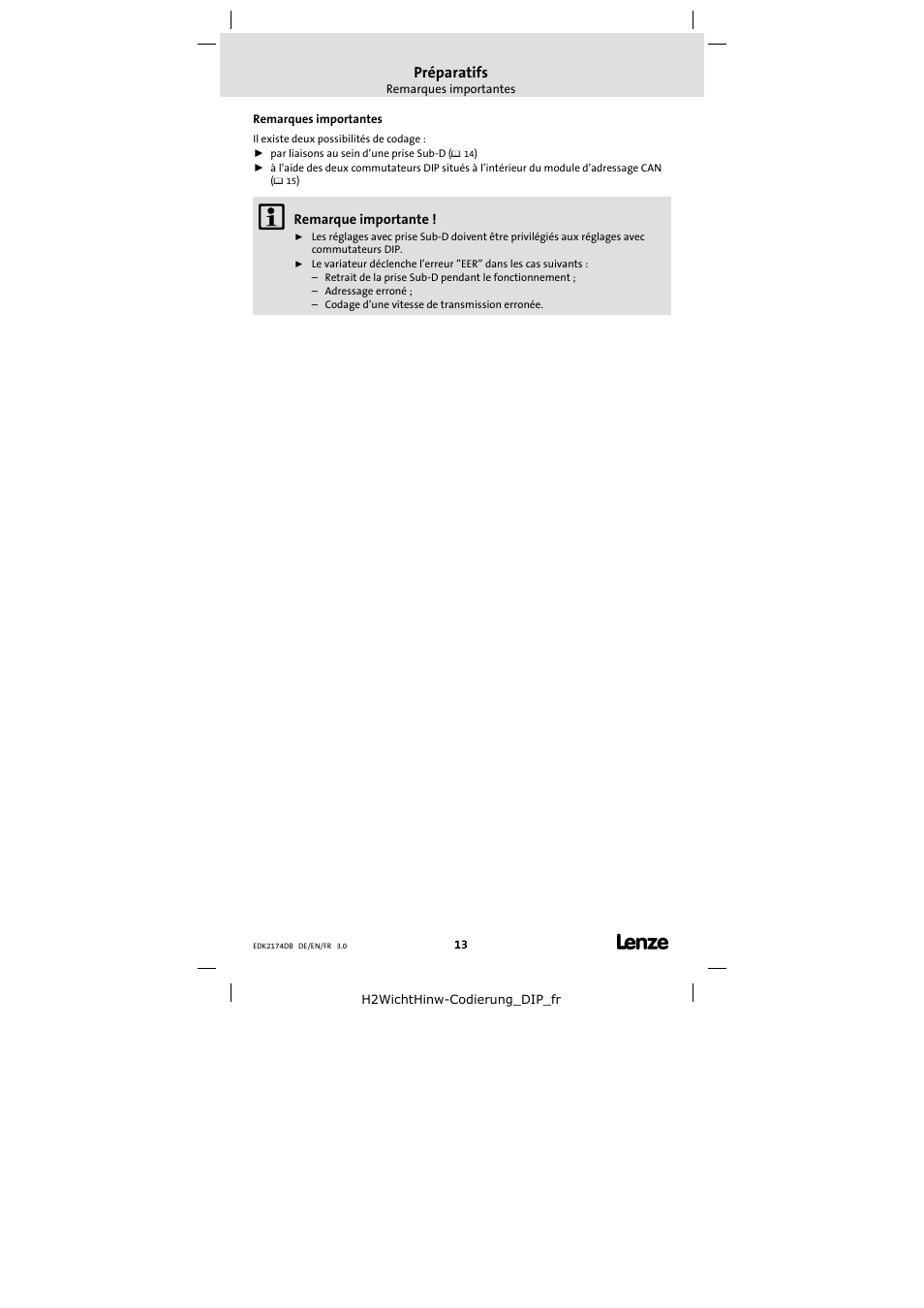 Préparatifs, Remarques importantes | Lenze EMF2174IB User Manual | Page 13 / 17