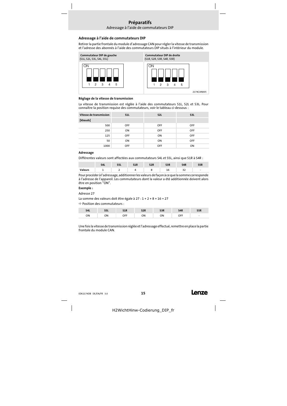 Adressage à l’aide de commutateurs dip, Préparatifs | Lenze EMF2174IB User Manual | Page 15 / 17