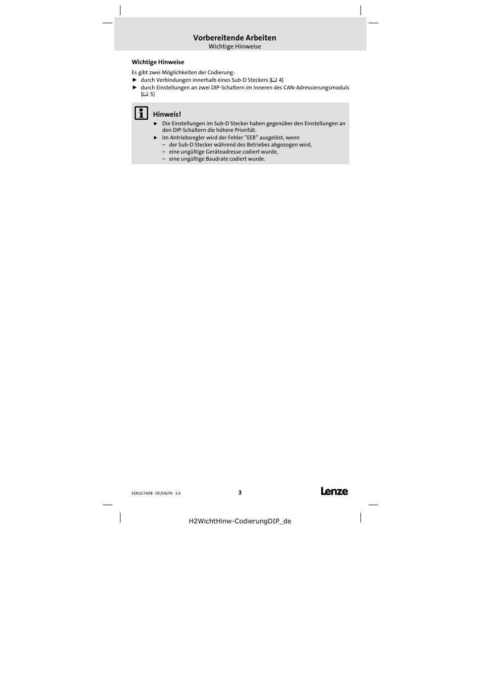 Vorbereitende arbeiten, Wichtige hinweise | Lenze EMF2174IB User Manual | Page 3 / 17