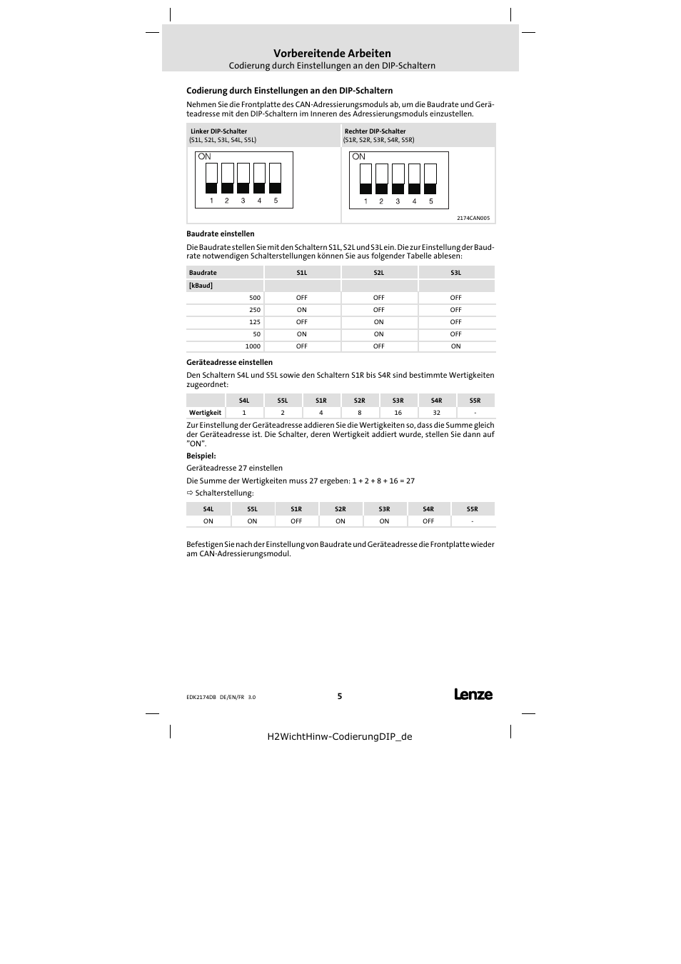 Codierung durch einstellungen an den dip-schaltern, Vorbereitende arbeiten | Lenze EMF2174IB User Manual | Page 5 / 17