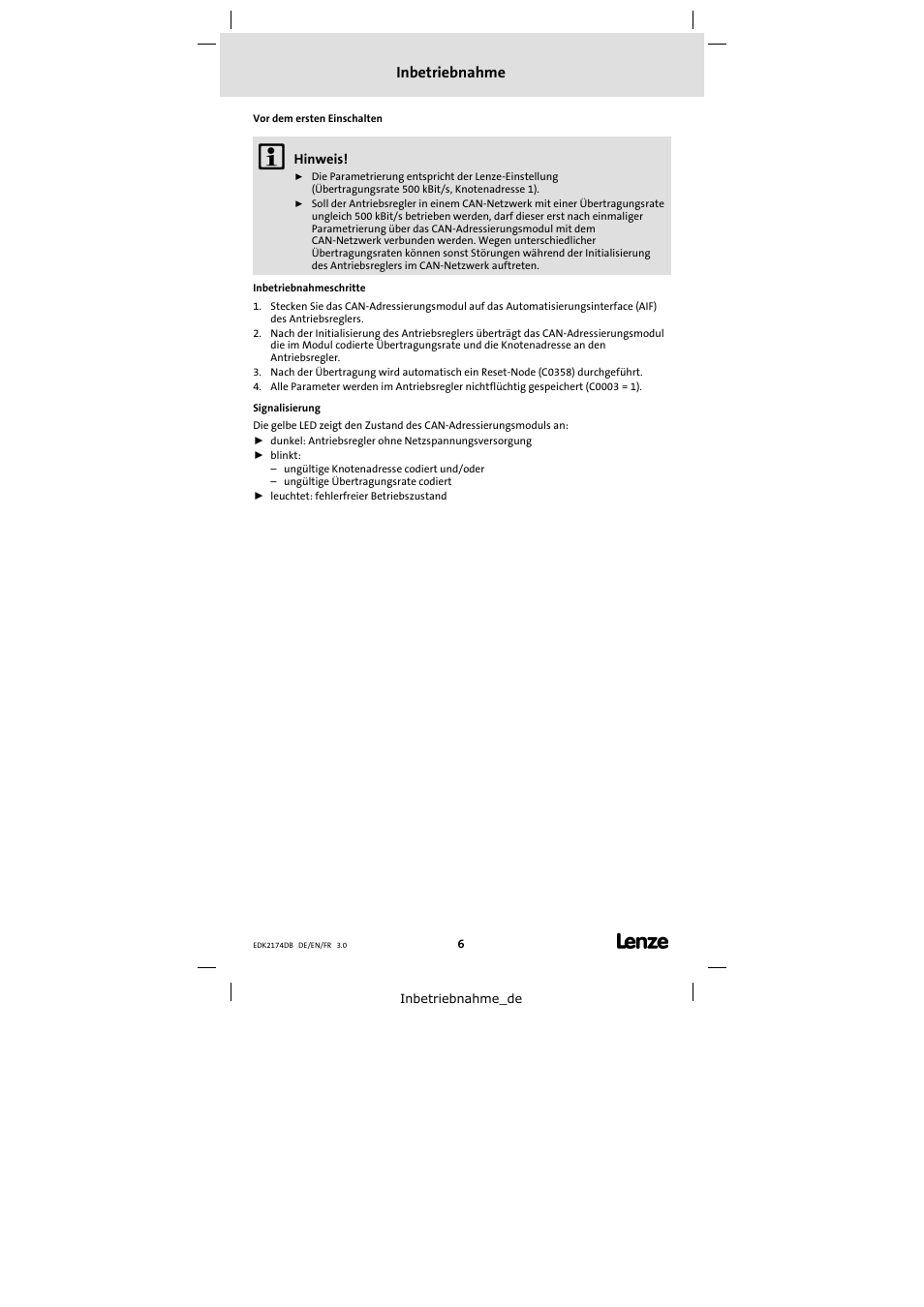 Inbetriebnahme | Lenze EMF2174IB User Manual | Page 6 / 17