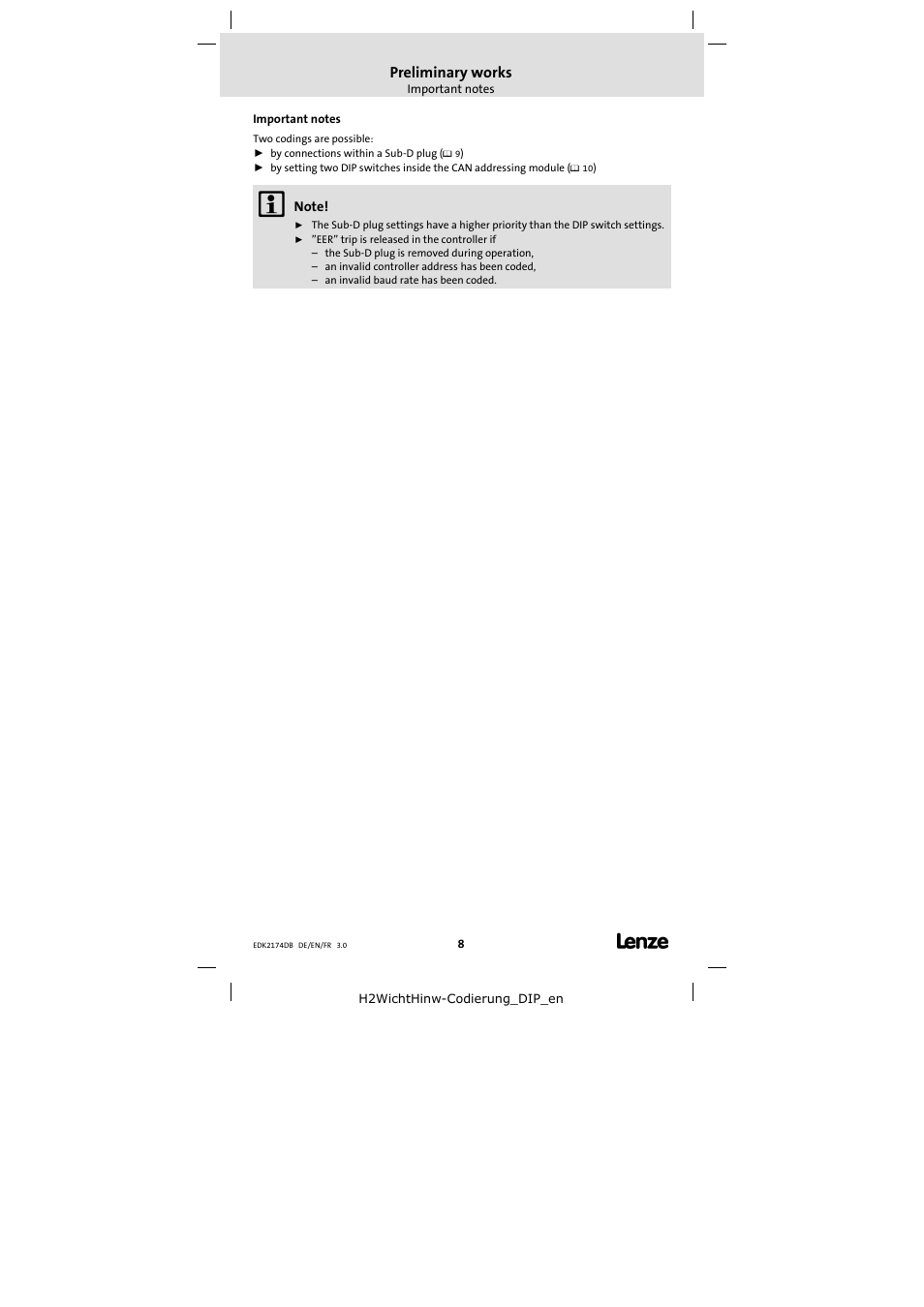 Preliminary works, Important notes | Lenze EMF2174IB User Manual | Page 8 / 17