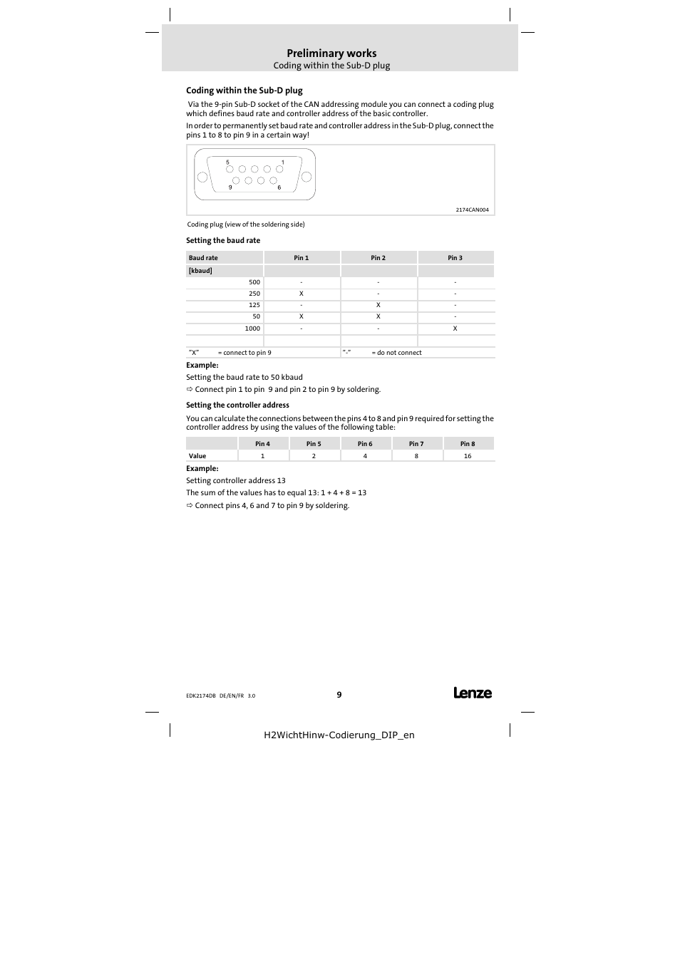 Coding within the sub-d plug, Preliminary works | Lenze EMF2174IB User Manual | Page 9 / 17