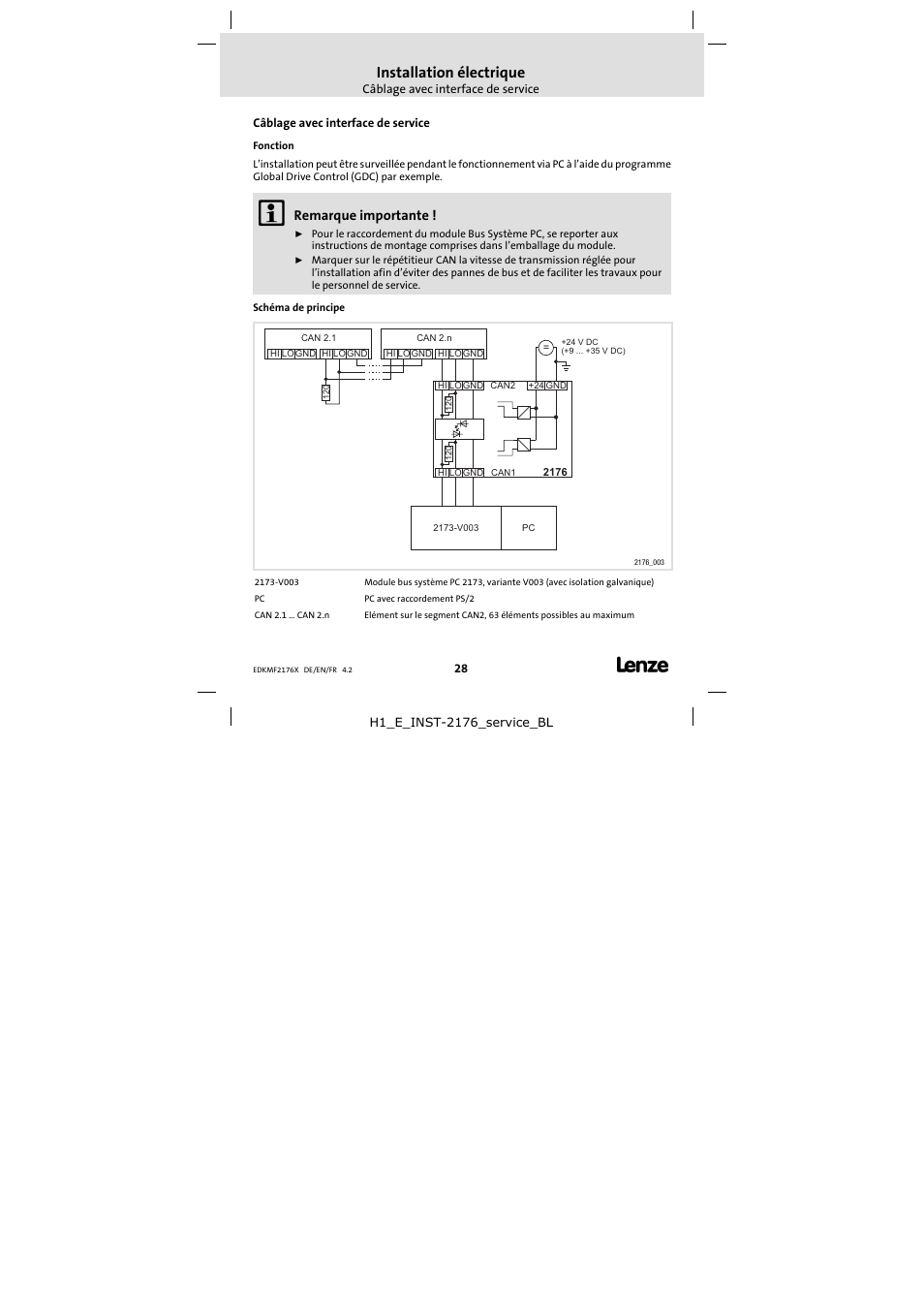 Câblage avec interface de service, Installation électrique, Remarque importante | Lenze EMF2176IB_ User Manual | Page 28 / 30