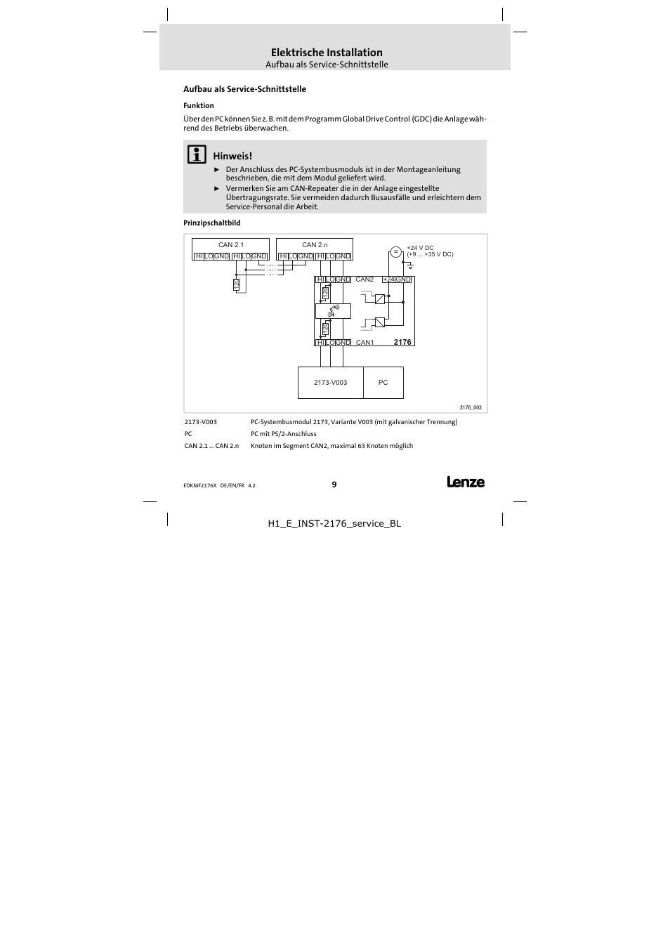 Aufbau als service-schnittstelle, Elektrische installation, Hinweis | Lenze EMF2176IB_ User Manual | Page 9 / 30