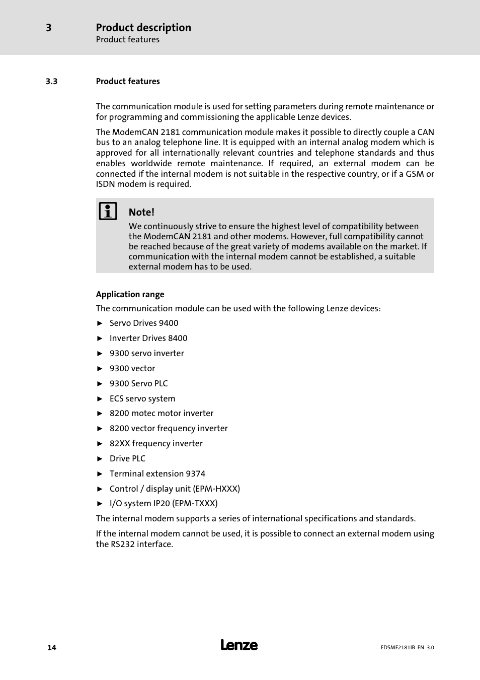 Product features, Product description | Lenze EMF2181IB User Manual | Page 14 / 83