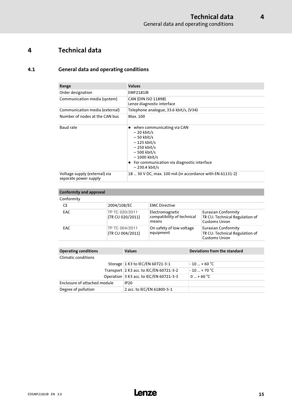 4 technical data, General data and operating conditions, Technical data | 4technical data | Lenze EMF2181IB User Manual | Page 15 / 83