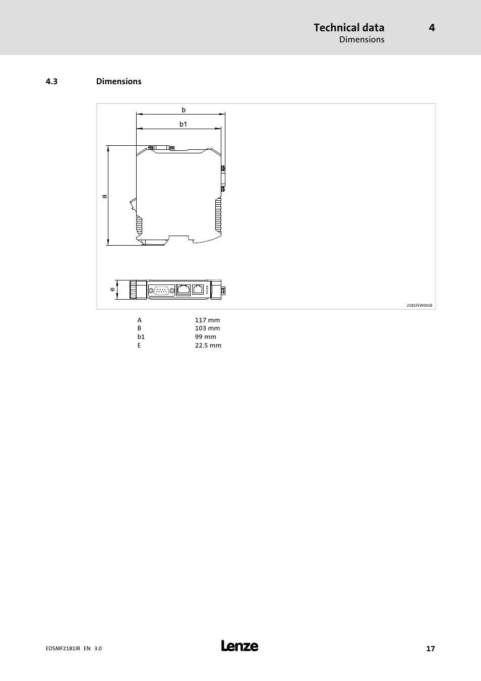 Dimensions, Technical data | Lenze EMF2181IB User Manual | Page 17 / 83