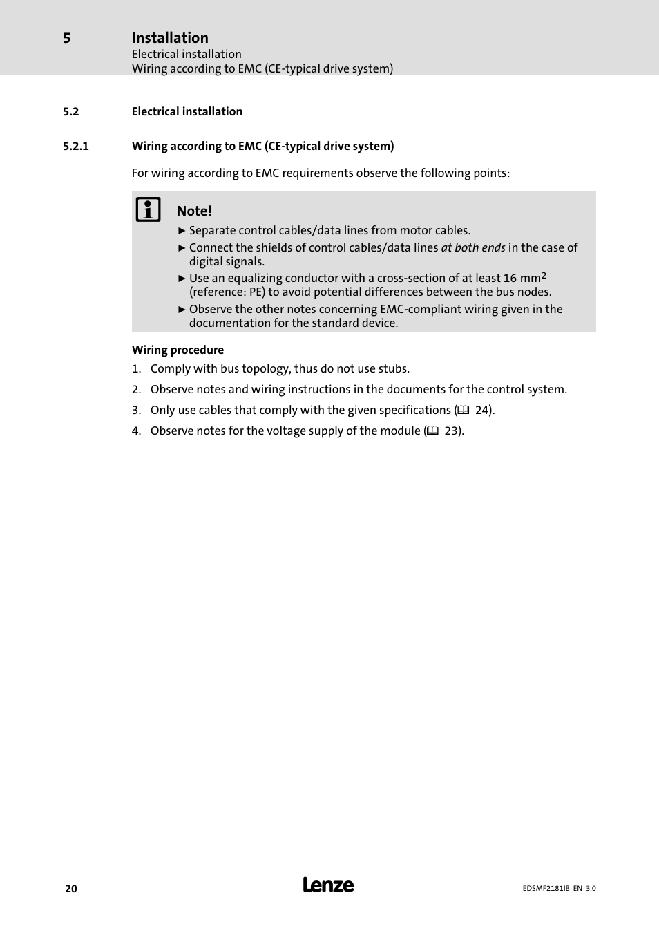 Electrical installation, Wiring according to emc (ce-typical drive system), Wiring according to emc (ce−typical drive system) | Installation | Lenze EMF2181IB User Manual | Page 20 / 83