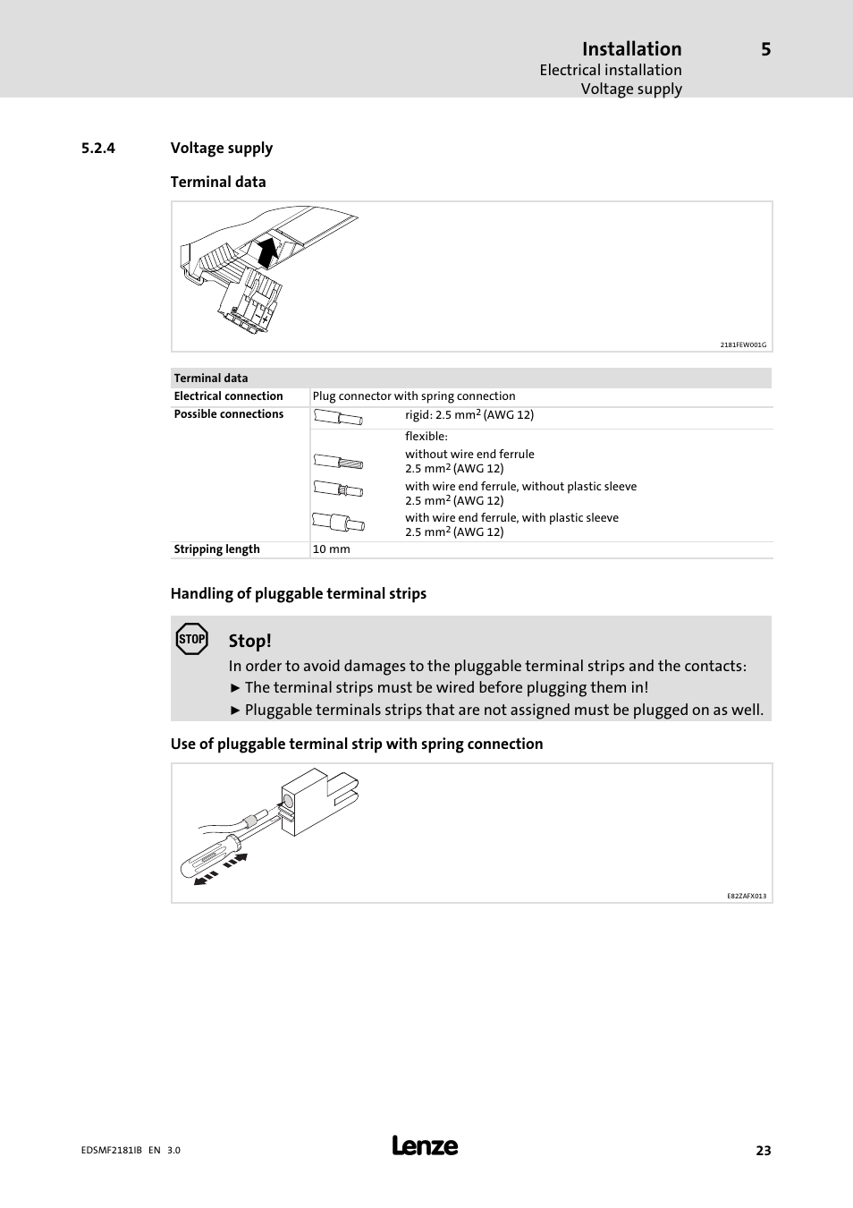 Voltage supply, Installation, Stop | Lenze EMF2181IB User Manual | Page 23 / 83