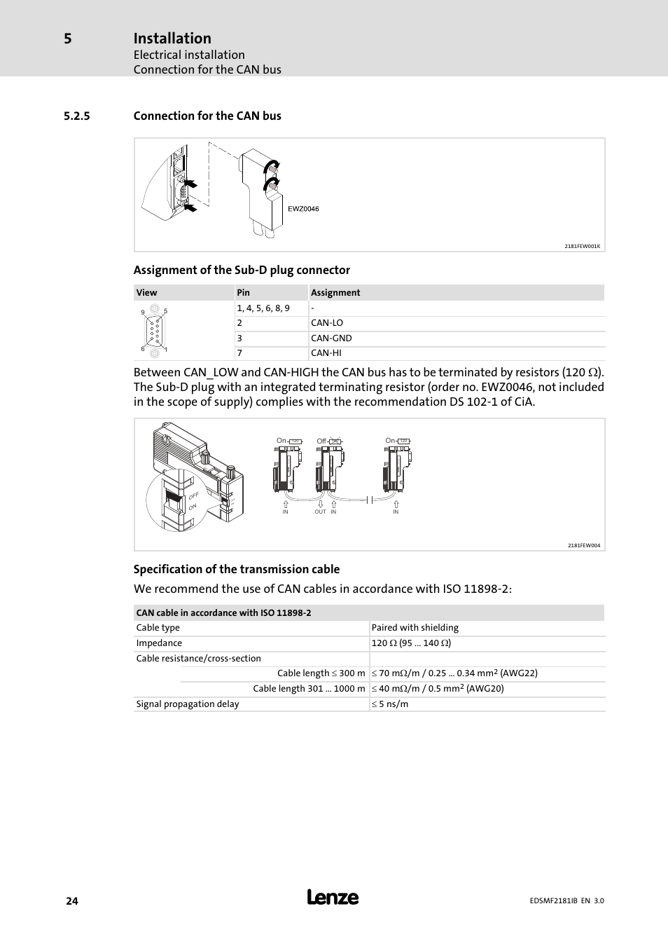 Connection for the can bus, Installation, Electrical installation connection for the can bus | 5 connection for the can bus, Assignment of the sub−d plug connector | Lenze EMF2181IB User Manual | Page 24 / 83