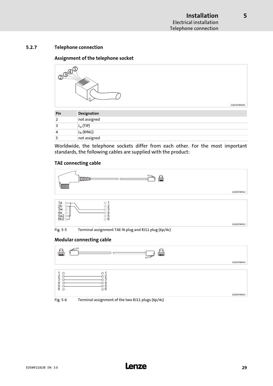 Telephone connection, Installation, Electrical installation telephone connection | Modular connecting cable | Lenze EMF2181IB User Manual | Page 29 / 83