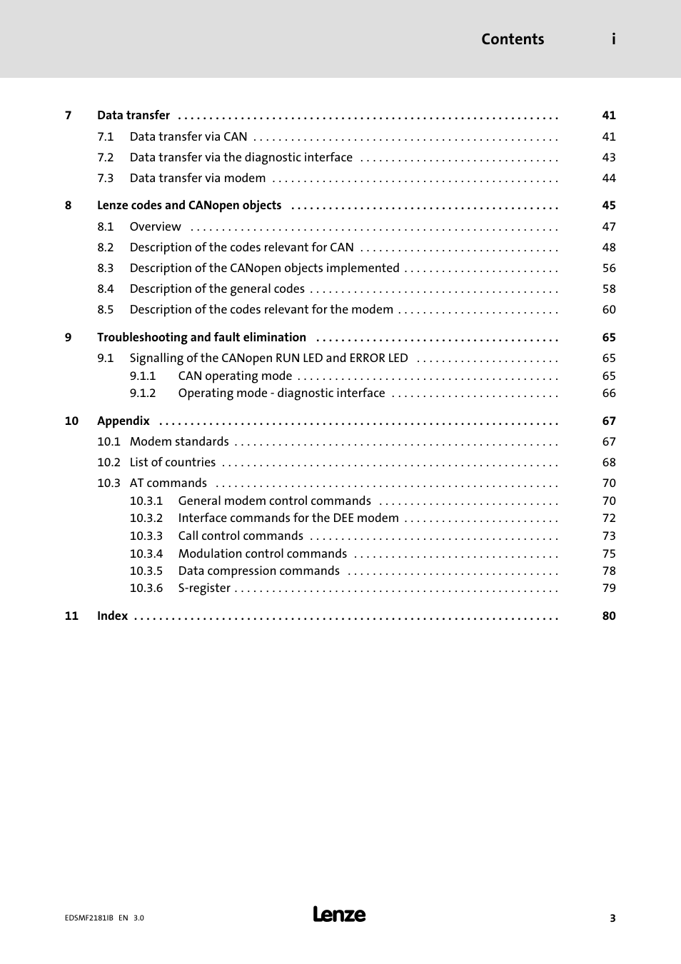 Contents i | Lenze EMF2181IB User Manual | Page 3 / 83
