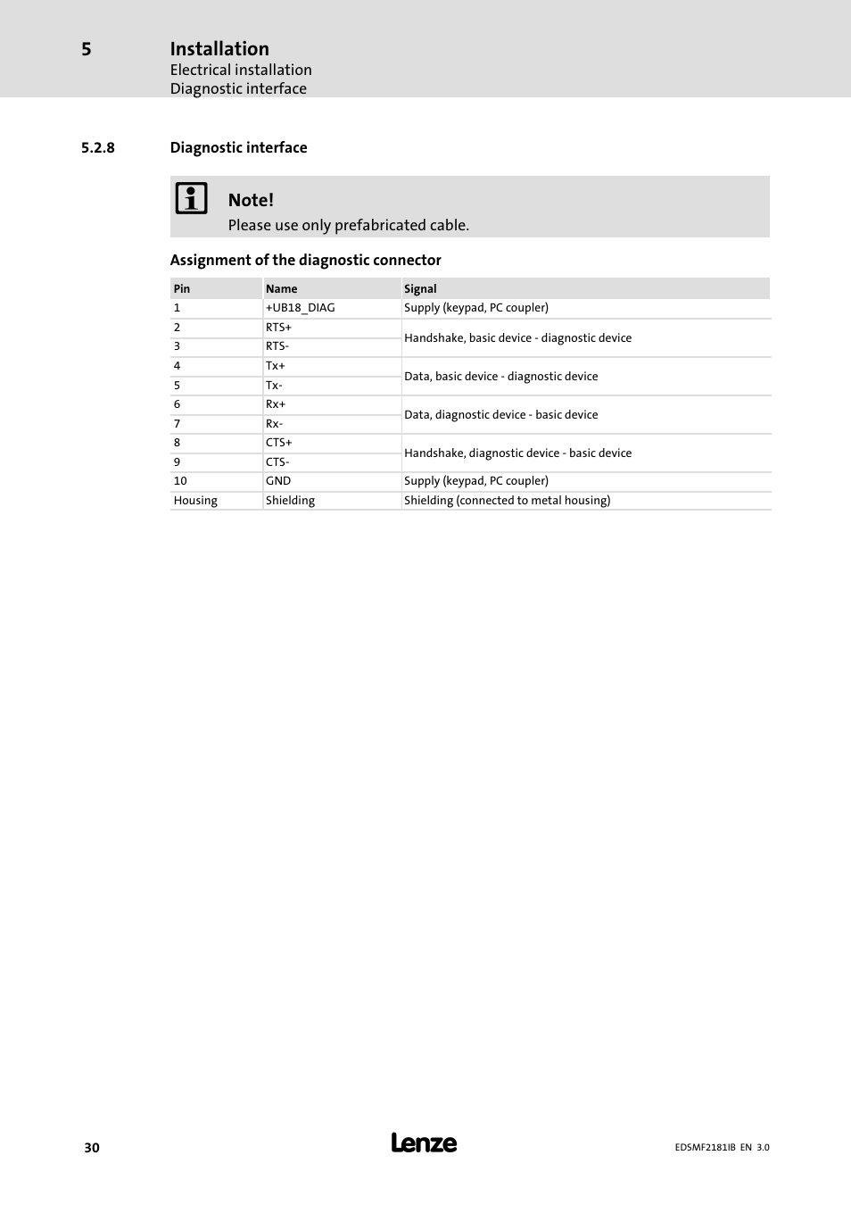 Diagnostic interface, Installation | Lenze EMF2181IB User Manual | Page 30 / 83