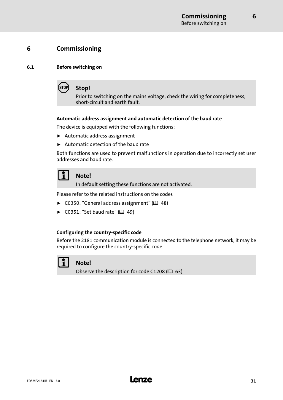 6 commissioning, Before switching on, Commissioning | Lenze EMF2181IB User Manual | Page 31 / 83