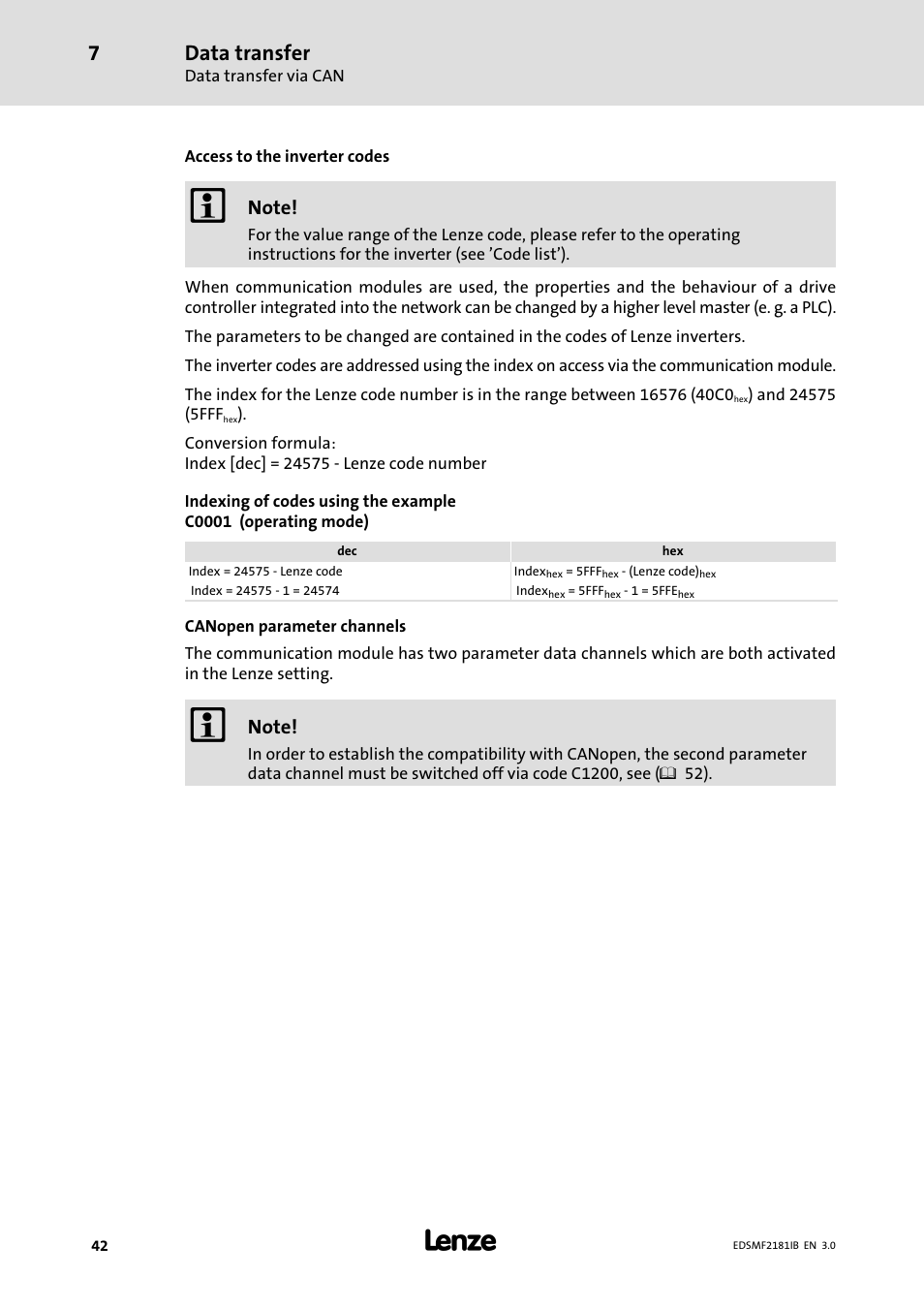 Data transfer | Lenze EMF2181IB User Manual | Page 42 / 83