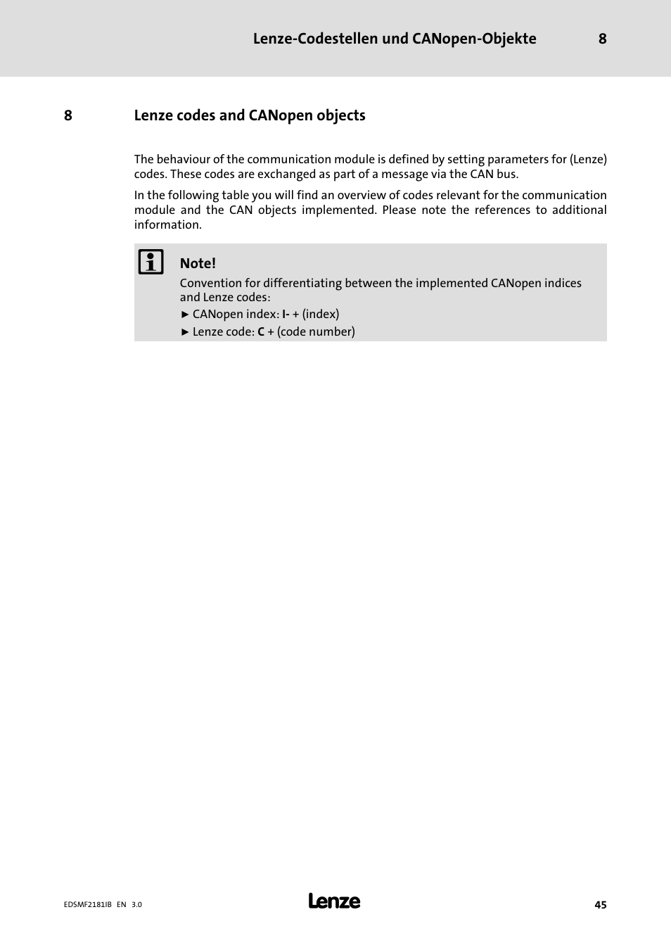 8 lenze codes and canopen objects, Lenze codes and canopen objects | Lenze EMF2181IB User Manual | Page 45 / 83