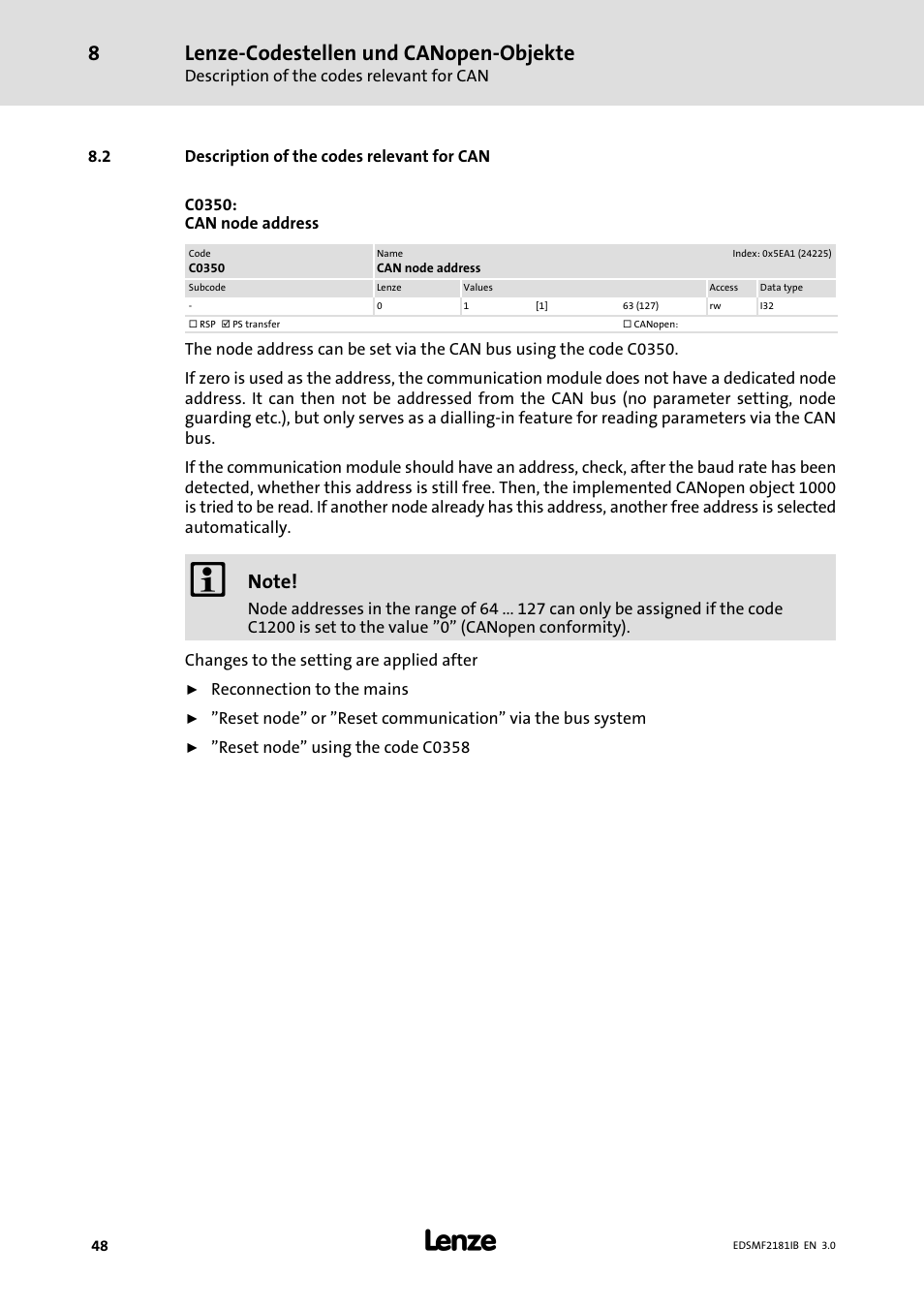 Description of the codes relevant for can, Lenze−codestellen und canopen−objekte | Lenze EMF2181IB User Manual | Page 48 / 83