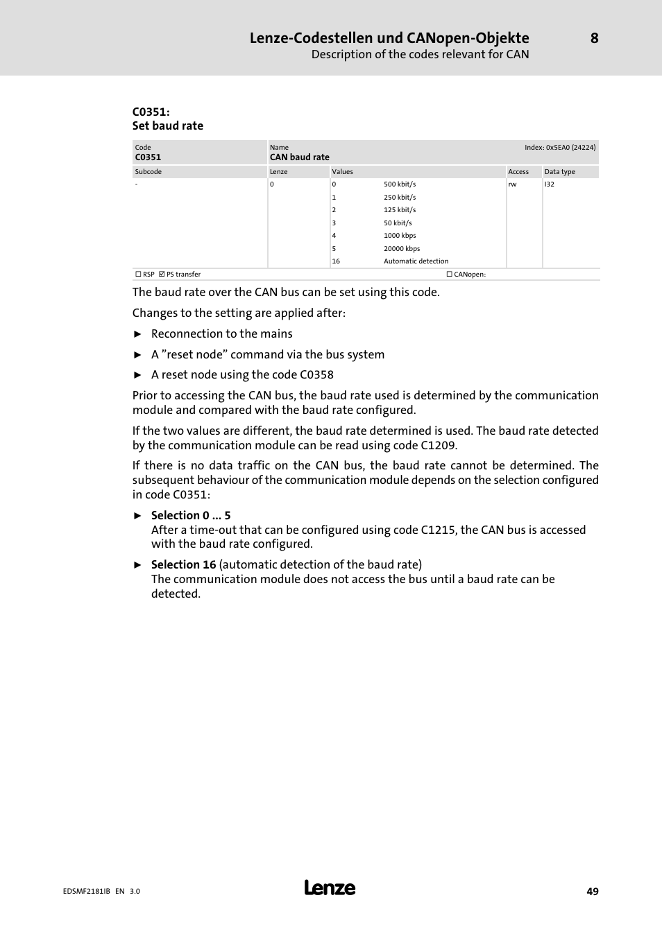 Lenze−codestellen und canopen−objekte | Lenze EMF2181IB User Manual | Page 49 / 83