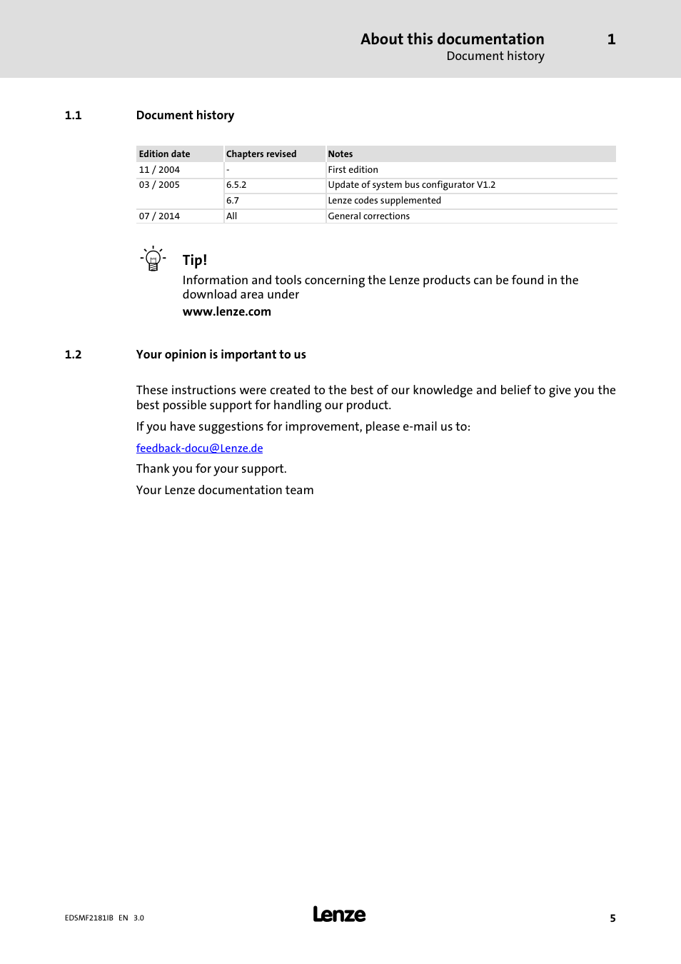 Document history, Your opinion is important to us, About this documentation | Lenze EMF2181IB User Manual | Page 5 / 83