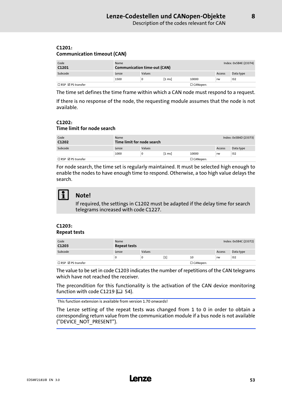 Lenze−codestellen und canopen−objekte, Description of the codes relevant for can, C1201: communication timeout (can) | Lenze EMF2181IB User Manual | Page 53 / 83