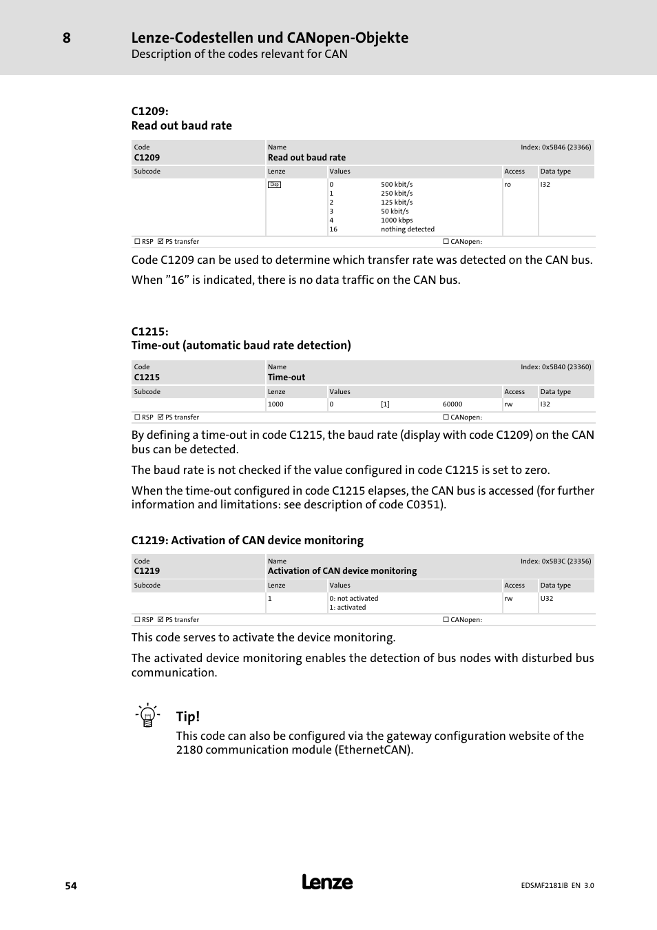 Lenze−codestellen und canopen−objekte, Description of the codes relevant for can, C1209: read out baud rate | Lenze EMF2181IB User Manual | Page 54 / 83