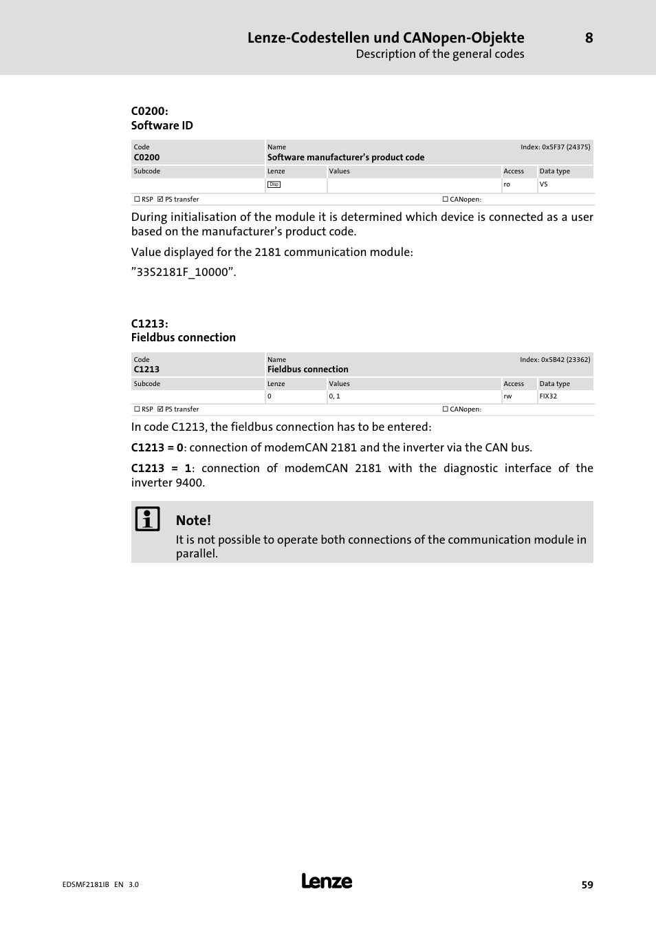 Lenze−codestellen und canopen−objekte | Lenze EMF2181IB User Manual | Page 59 / 83