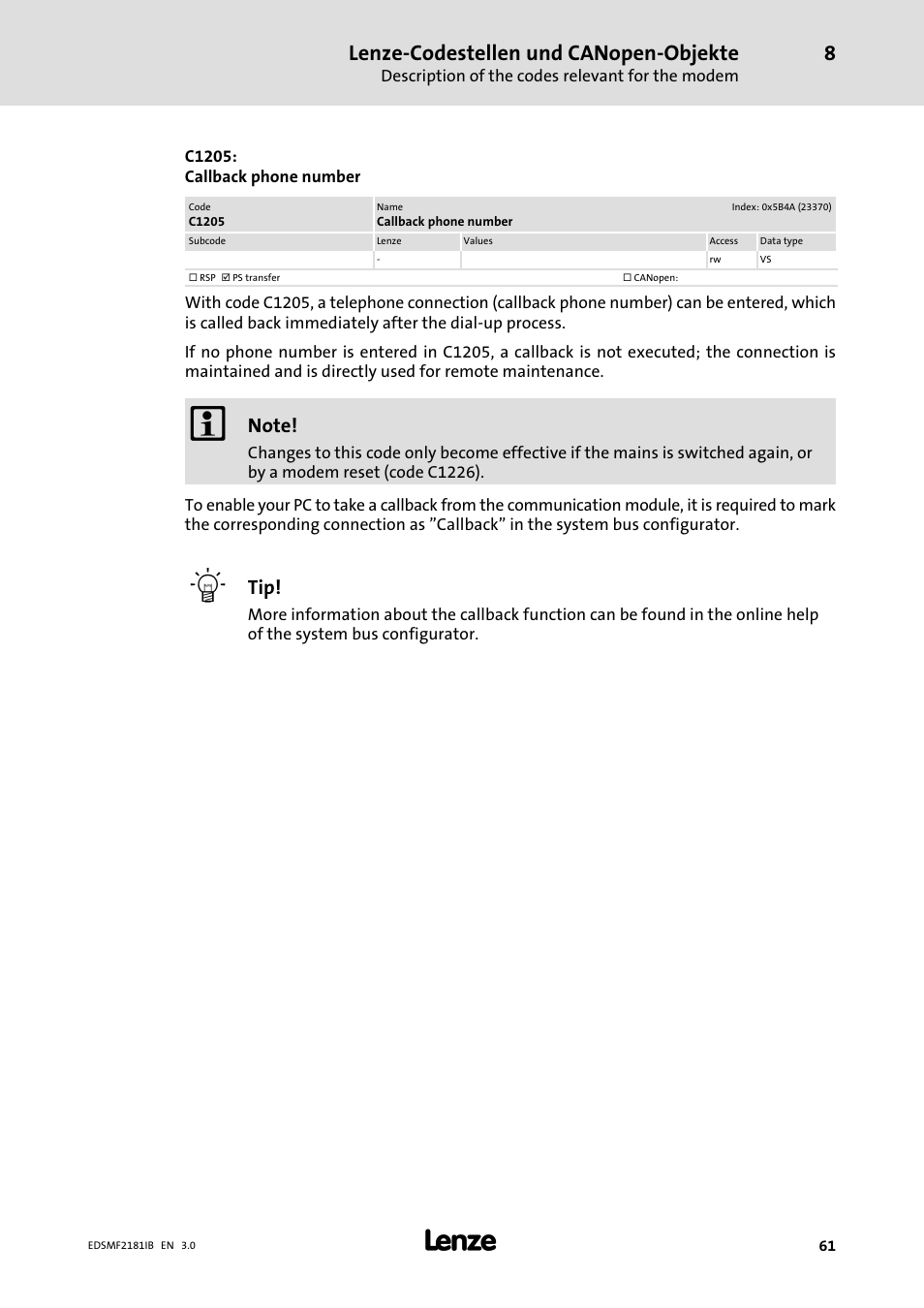 Lenze−codestellen und canopen−objekte | Lenze EMF2181IB User Manual | Page 61 / 83