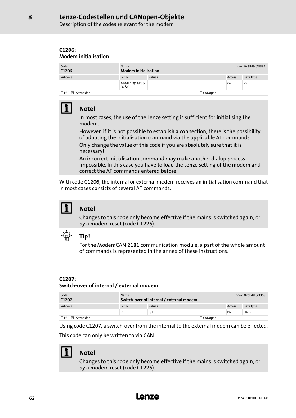 Lenze−codestellen und canopen−objekte | Lenze EMF2181IB User Manual | Page 62 / 83