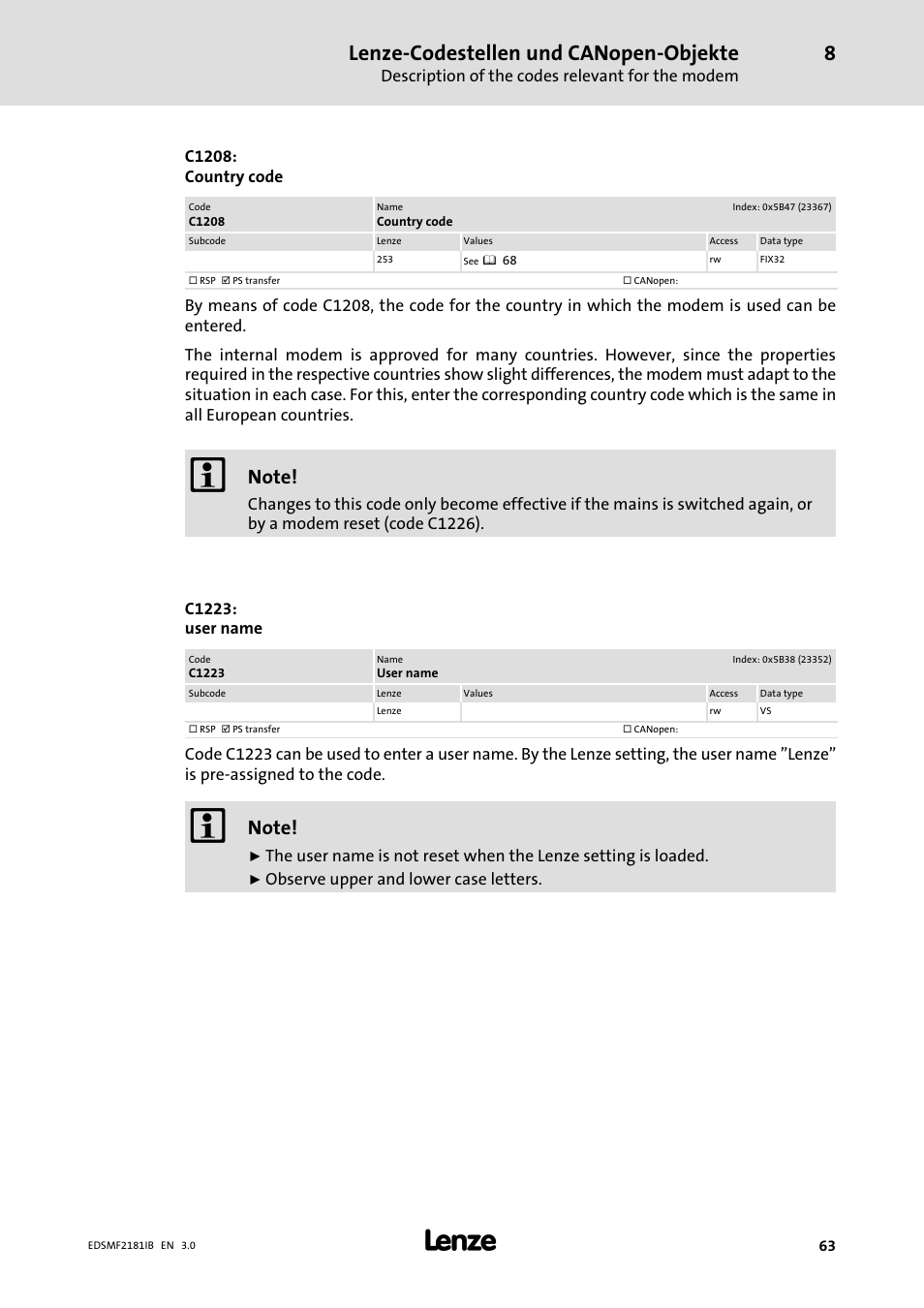 Lenze−codestellen und canopen−objekte | Lenze EMF2181IB User Manual | Page 63 / 83