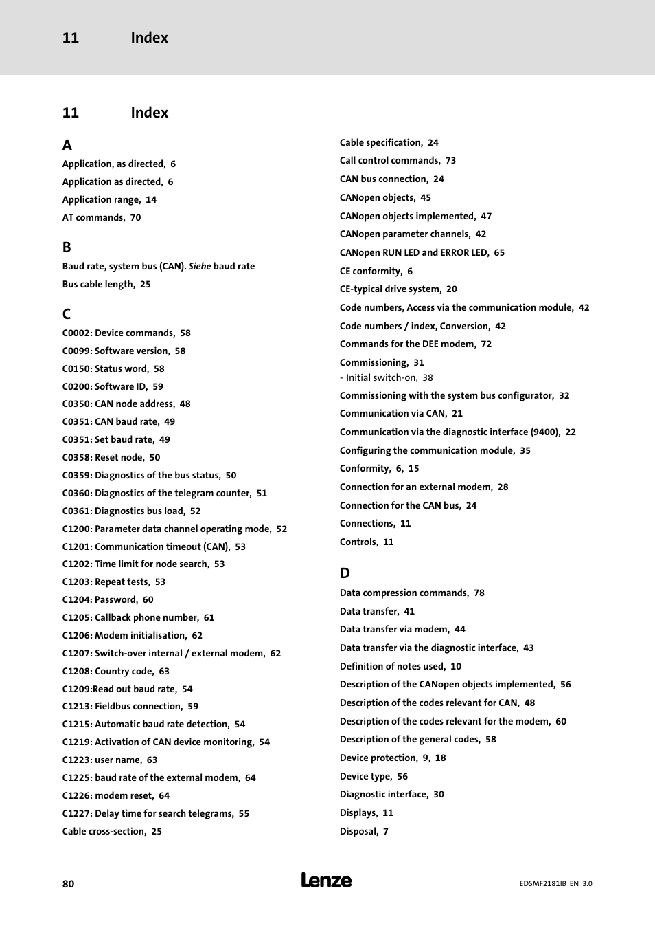 11 index, Index, Index 11 | 11 index a | Lenze EMF2181IB User Manual | Page 80 / 83