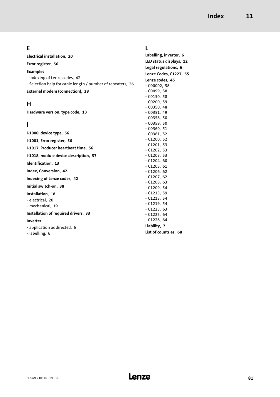 Index 11 | Lenze EMF2181IB User Manual | Page 81 / 83