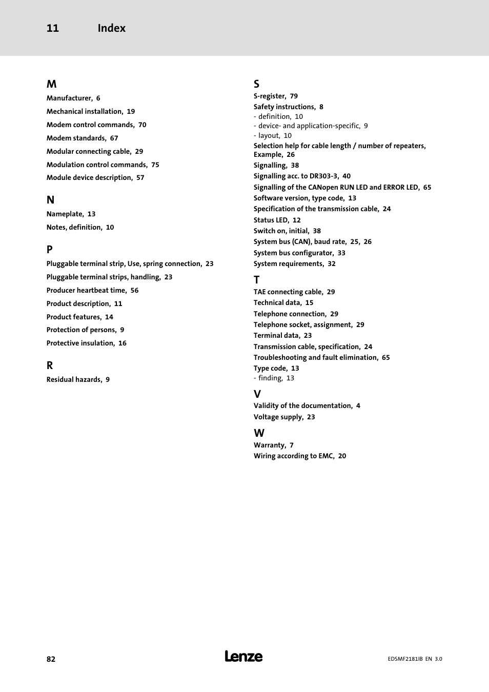 Index 11 | Lenze EMF2181IB User Manual | Page 82 / 83