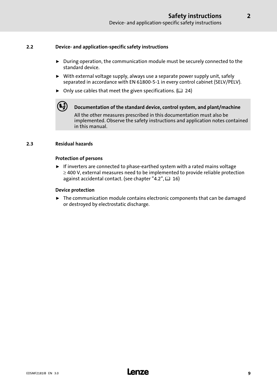 Residual hazards | Lenze EMF2181IB User Manual | Page 9 / 83