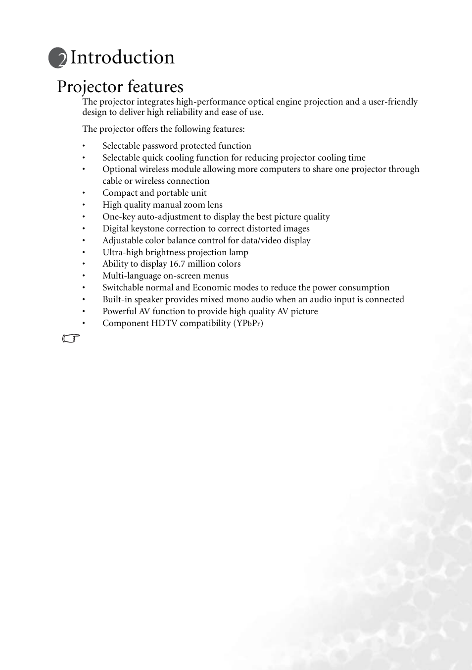 Introduction, Projector features | BenQ MP620 User Manual | Page 11 / 61