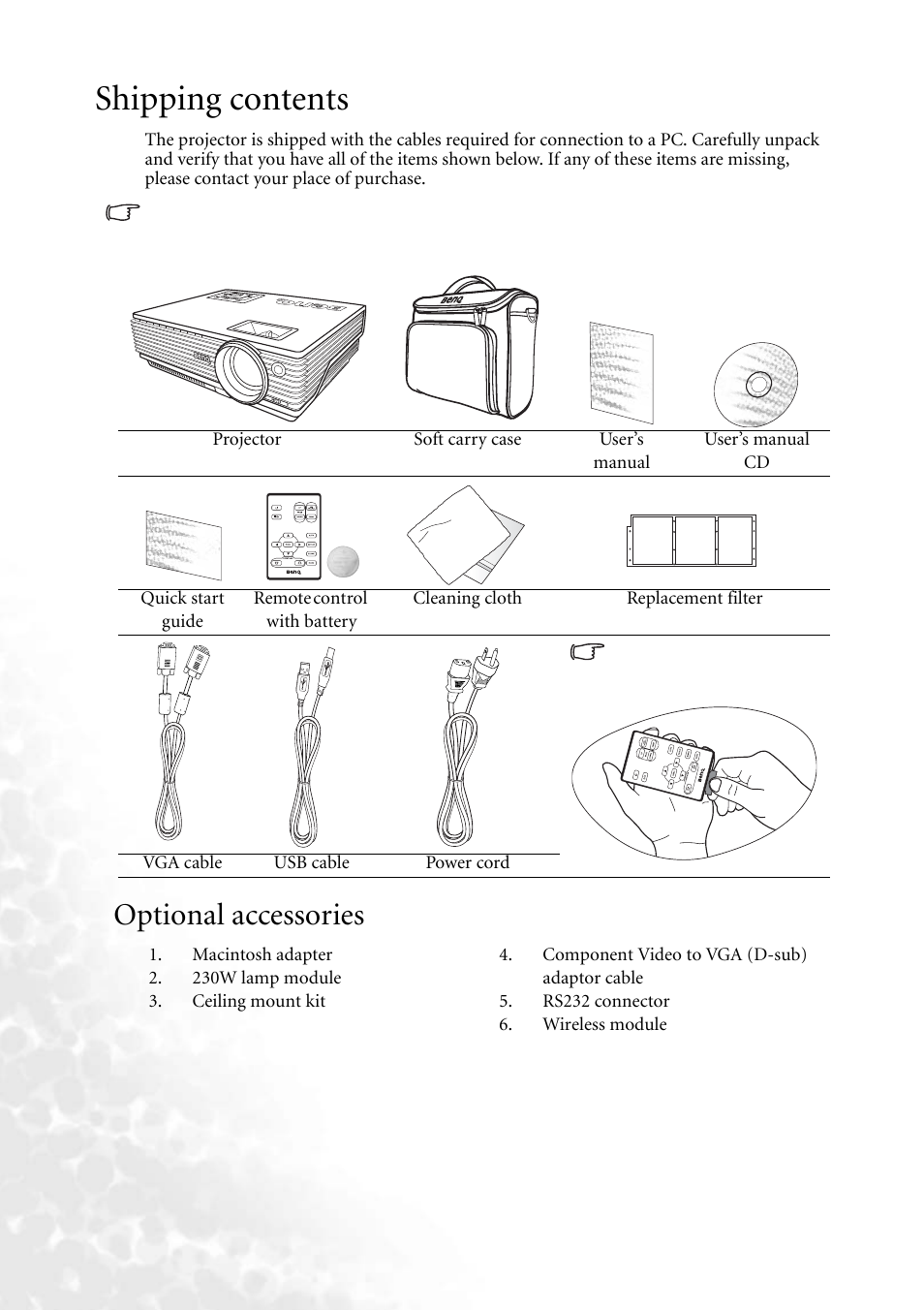 Shipping contents, Optional accessories | BenQ MP620 User Manual | Page 12 / 61