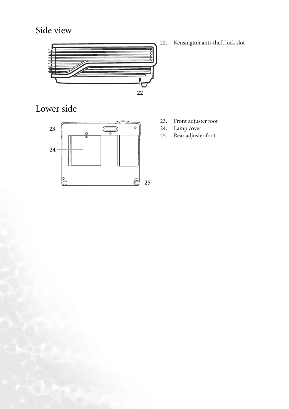 Side view, Lower side, Side view lower side | BenQ MP620 User Manual | Page 14 / 61