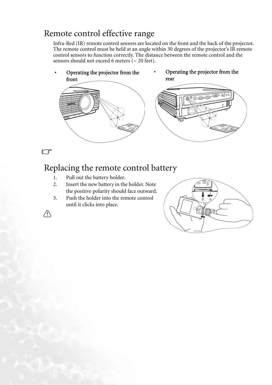 Remote control effective range, Replacing the remote control battery | BenQ MP620 User Manual | Page 18 / 61