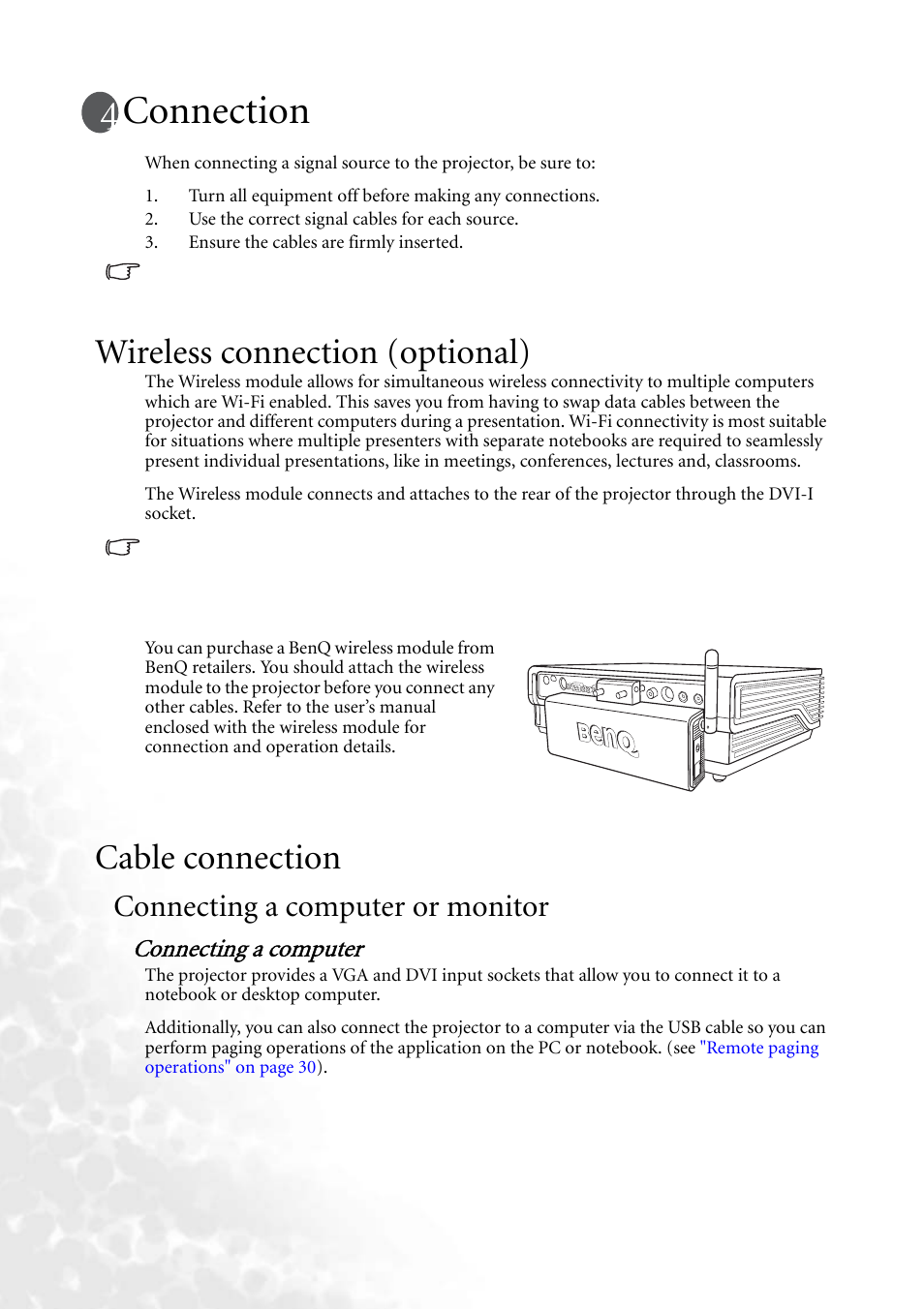 Connection, Wireless connection (optional), Cable connection | Connecting a computer or monitor, Wireless connection (optional) cable connection, Connecting a computer | BenQ MP620 User Manual | Page 24 / 61