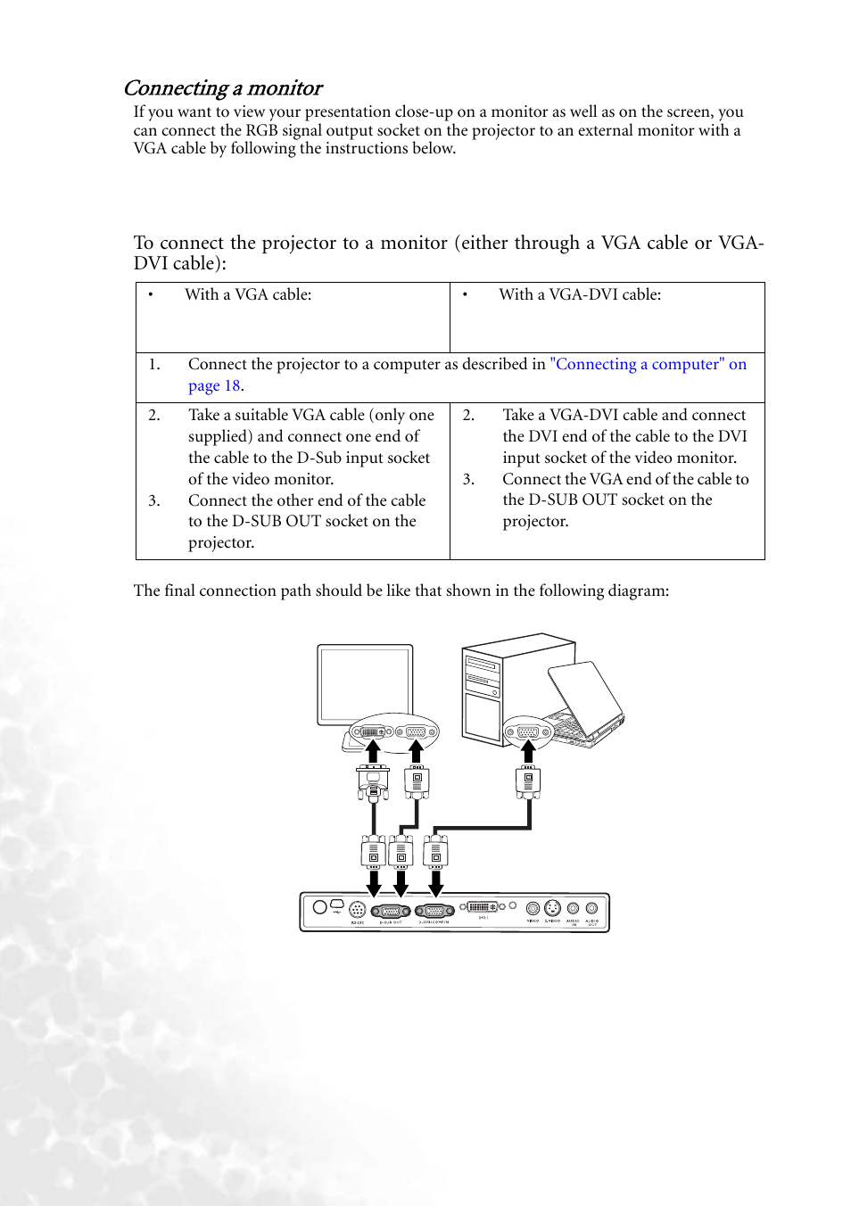 Connecting a monitor | BenQ MP620 User Manual | Page 26 / 61