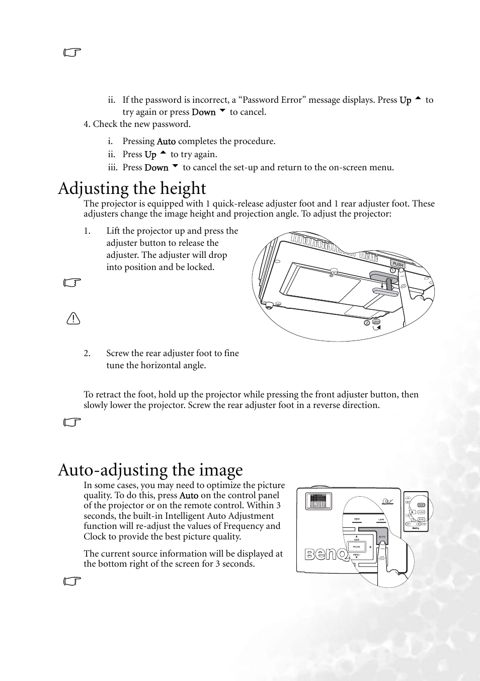 Adjusting the height, Auto-adjusting the image, Adjusting the height auto-adjusting the image | BenQ MP620 User Manual | Page 33 / 61